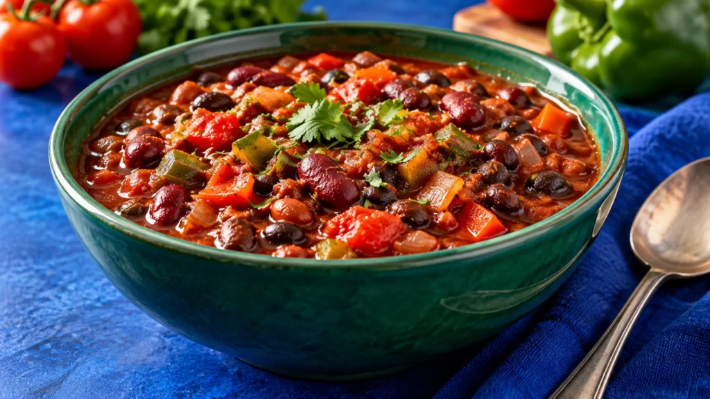 Close photograph-style scene of bean-and-vegetable chili in a jade-green bowl on a cobalt table.