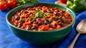 Close photograph-style scene of bean-and-vegetable chili in a jade-green bowl on a cobalt table.
