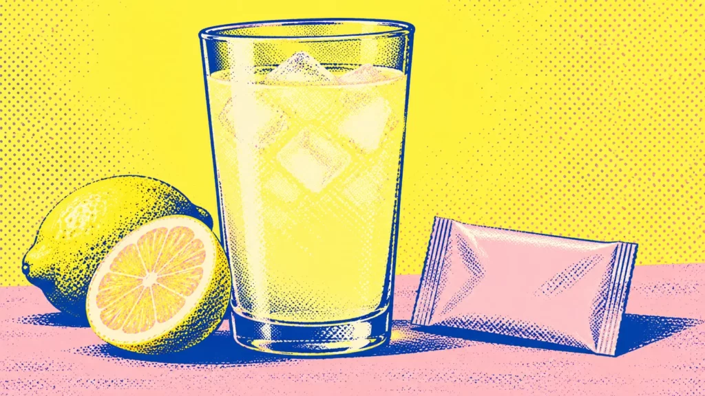 Yellow, ink-blue, and pink halftone screenprint of a lemonade tumbler, lemon, and blank drink-mix packet.