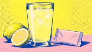 Yellow, ink-blue, and pink halftone screenprint of a lemonade tumbler, lemon, and blank drink-mix packet.