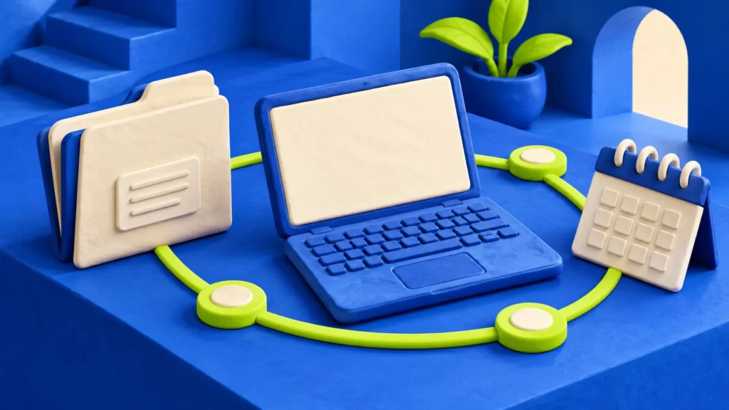 Cobalt-blue clay laptop with a blank cream screen, laboratory-record folder, calendar, and lime connection motif.