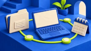 Cobalt-blue clay laptop with a blank cream screen, laboratory-record folder, calendar, and lime connection motif.
