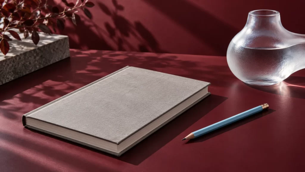Stone-gray journal and sky-blue pencil beside a frosted-glass form on a burgundy studio surface.