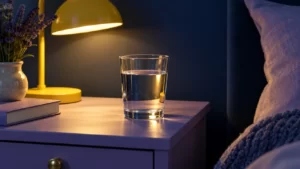 Clear glass of water on a lavender bedside table under a yellow reading lamp against a midnight-navy wall.