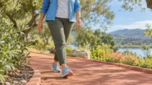 Waist-to-shoes view of a fictional adult walking along a leafy park path in a sky-blue jacket and olive trousers, with coral path edges.