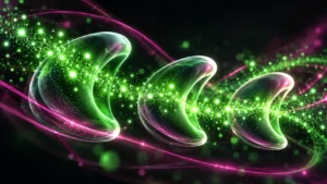Abstract luminous green points passing through three receiver-like loops with magenta arcs against a near-black background.