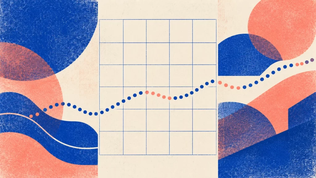 Ultramarine and salmon risograph print with a blank calendar grid, uneven dotted path and overlapping geometric shapes on cream paper.