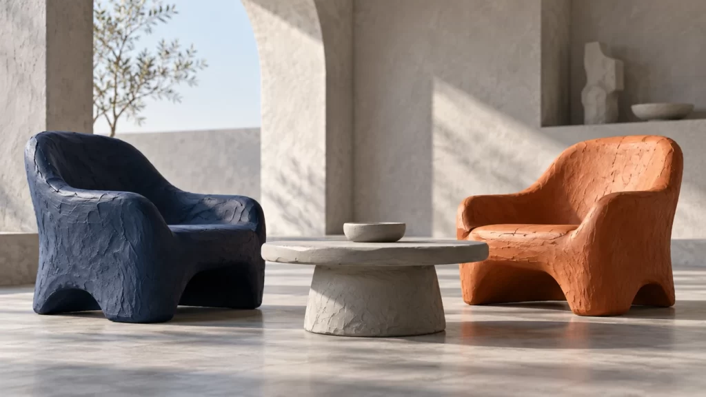 Hand-modeled navy and copper clay chairs angled toward a gray table in a spacious dove-gray studio.