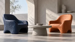 Hand-modeled navy and copper clay chairs angled toward a gray table in a spacious dove-gray studio.