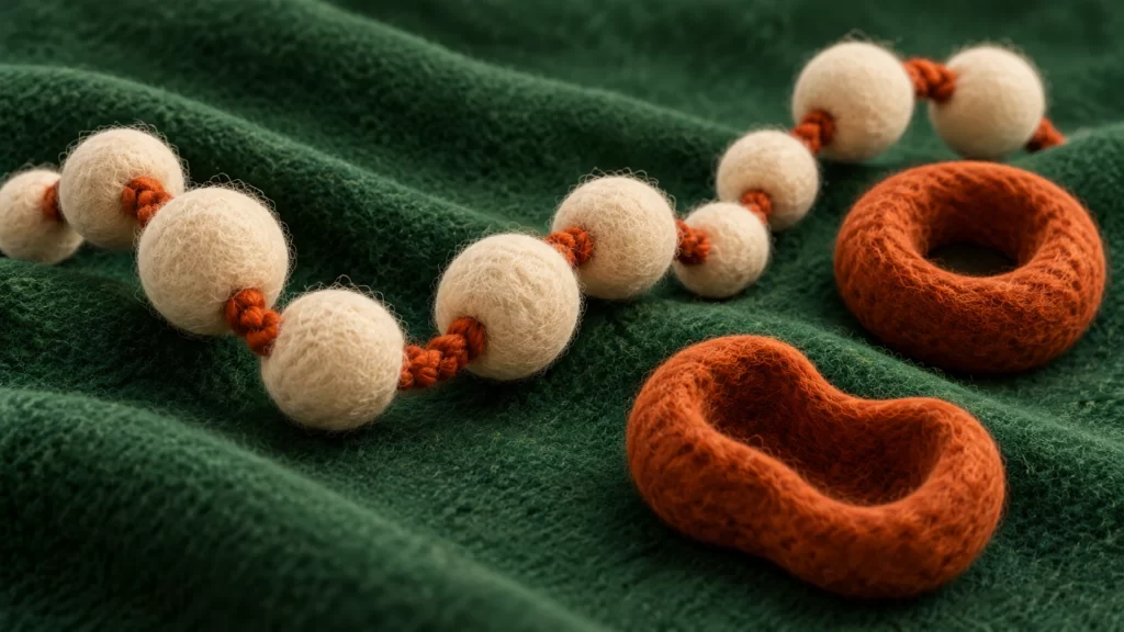 Cream felt beads connected by rust-colored yarn beside two felt rings on forest-green cloth; a conceptual peptide metaphor.