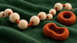 Cream felt beads connected by rust-colored yarn beside two felt rings on forest-green cloth; a conceptual peptide metaphor.