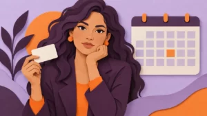 Layered paper portrait of a fictional adult woman with plum hair and clothing, holding a blank appointment card beside a lavender and tangerine calendar.
