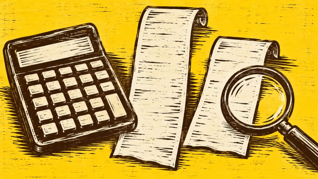 Sunflower-yellow and dark-cocoa woodcut print of a calculator, two blank receipts and a magnifying glass.