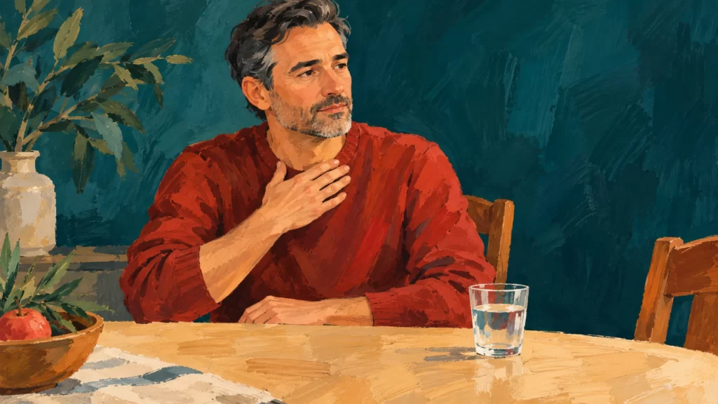 Gouache illustration of a fictional adult man in a brick-red shirt pausing at a buff dining table, with a water glass and deep-teal background.