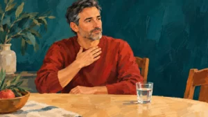 Gouache illustration of a fictional adult man in a brick-red shirt pausing at a buff dining table, with a water glass and deep-teal background.