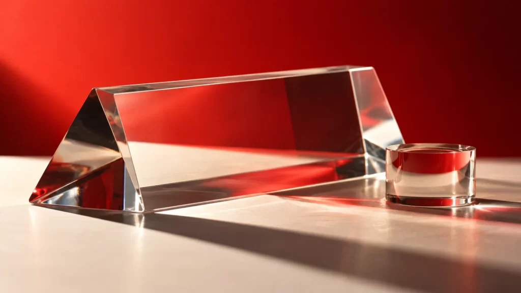 Transparent glass prism and short glass cylinder on an ivory table against a vermilion backdrop, with red reflections and graphite shadows.