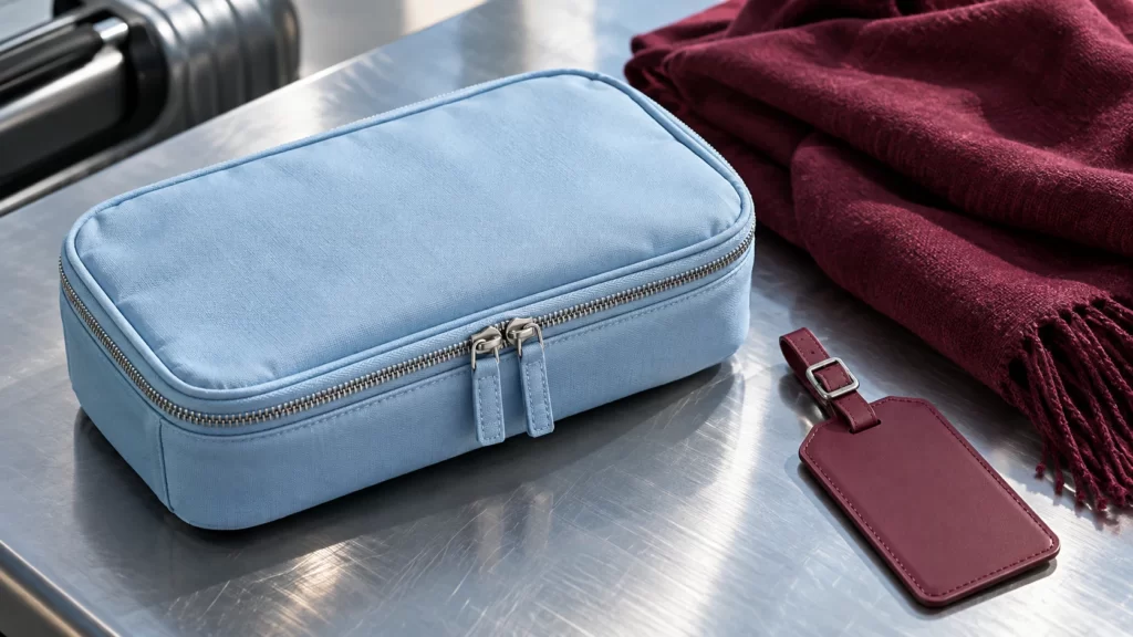 Closed powder-blue travel pouch with a zipper beside burgundy fabric and a blank luggage tag on a brushed-steel table.