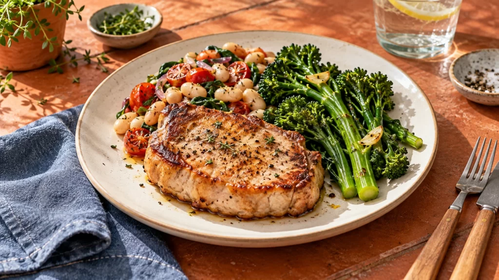 Illustrative browned boneless pork chop with green vegetables and beans on a warm-white plate, terracotta table and muted-denim napkin.