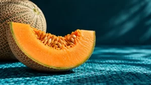 Orange cantaloupe wedge with seeds and netted rind on a cyan woven surface in a dramatic macro photograph.