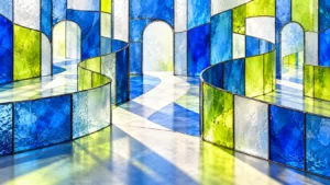 Translucent royal-blue and chartreuse stained-glass panels form an abstract space with frosted-white gaps and curved pathways.