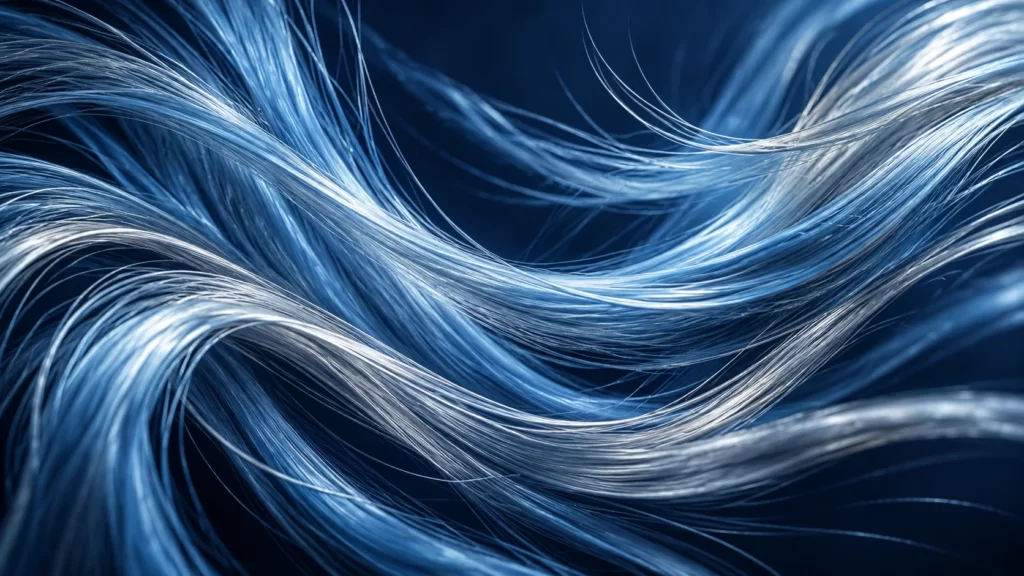 Fine silver and ice-blue fibers curve across a deep-navy background in conceptual hair-texture artwork.