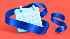 Sculptural cobalt ribbons loop around an unmarked pale-cyan calendar-shaped card against a vibrant coral background.