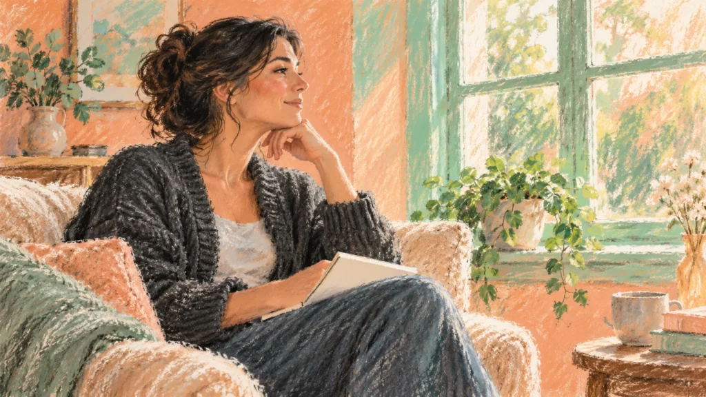 Pastel illustration of a fictional adult woman in charcoal clothing beside a window, with a blank notebook on her lap and peach and mint surroundings.