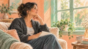 Pastel illustration of a fictional adult woman in charcoal clothing beside a window, with a blank notebook on her lap and peach and mint surroundings.