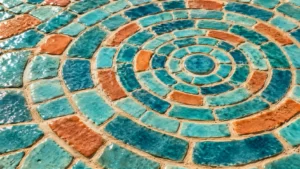 Handmade turquoise ceramic tiles form concentric ripples with terracotta accents and sand-colored grout.