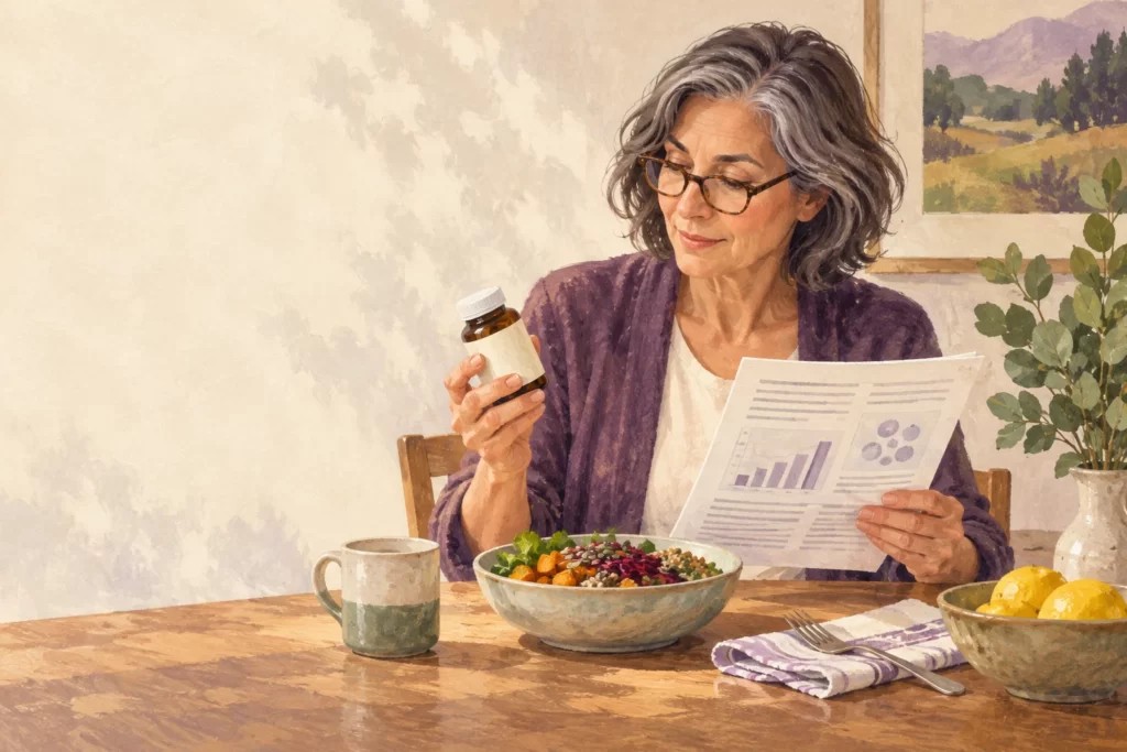 Editorial illustration of an adult comparing a supplement bottle with a research page.