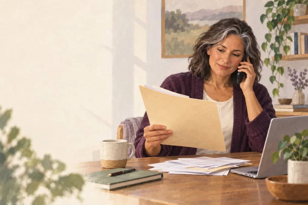 Editorial illustration of a woman reviewing insurance paperwork during a phone call.