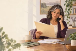 Editorial illustration of a woman reviewing insurance paperwork during a phone call.