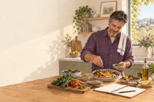 Editorial illustration of a man preparing a varied meal in a home kitchen.