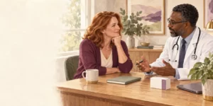 Original editorial illustration: A patient discusses treatment goals with a clinician.