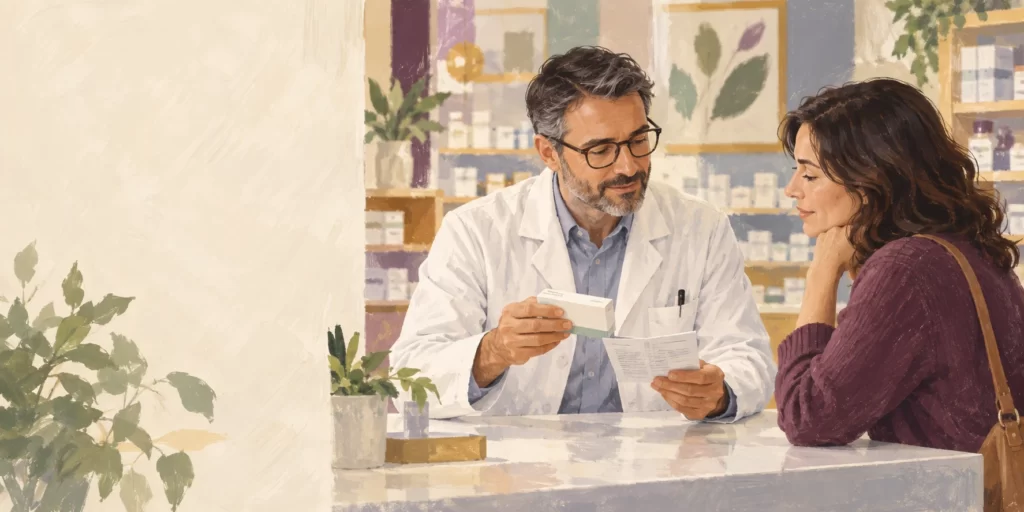 Original editorial illustration: A pharmacist reviews written information with a patient beside a closed medicine box.