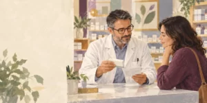 Original editorial illustration: A pharmacist reviews written information with a patient beside a closed medicine box.
