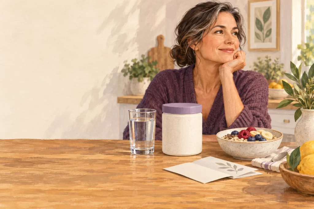Editorial illustration of a fiber-powder jar, water glass, oats, fruit and information leaflet.