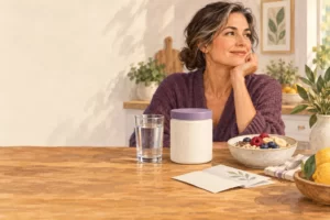 Editorial illustration of a fiber-powder jar, water glass, oats, fruit and information leaflet.