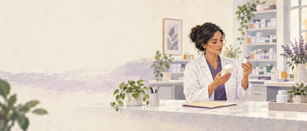 Editorial illustration of a pharmacist reviewing generic medication packaging and paperwork.