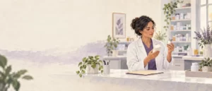 Editorial illustration of a pharmacist reviewing generic medication packaging and paperwork.