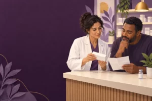 A pharmacist and patient review medication packaging and written instructions.