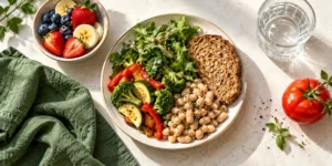 Original AI-generated editorial image: Overhead food scene with vegetables, beans, whole-grain toast, fruit, and a water glass.