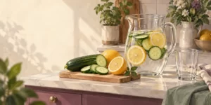 Original editorial illustration: A pitcher of cucumber and lemon water beside fresh produce.