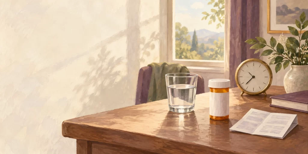 Editorial illustration of a quiet morning table with a closed medicine bottle, water, a clock, and a leaflet.
