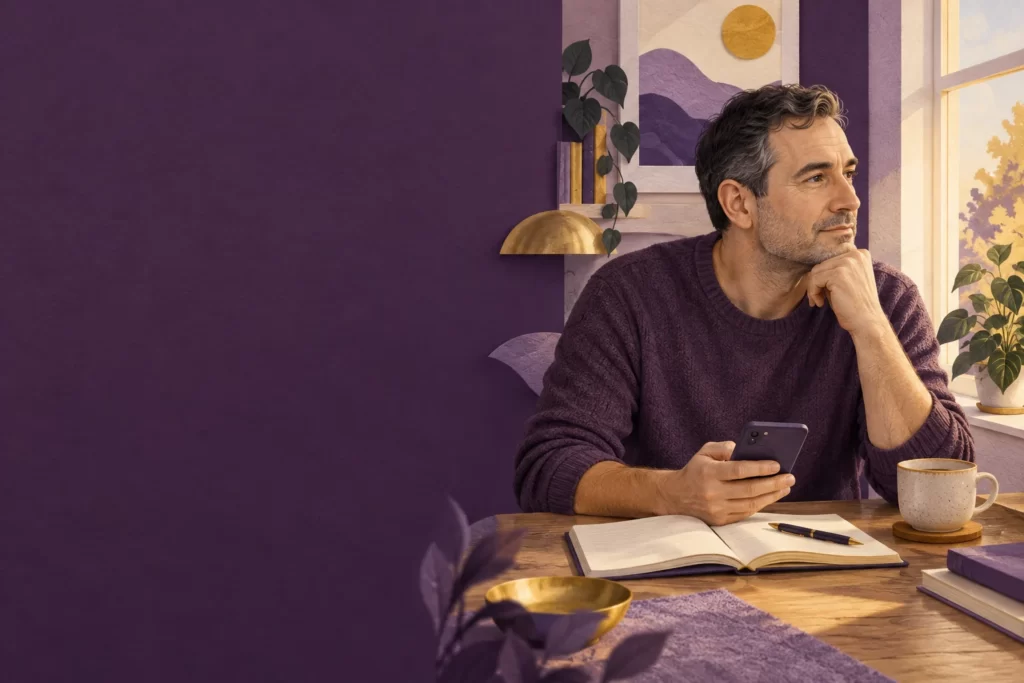 A man prepares notes for a discussion about medication symptoms.