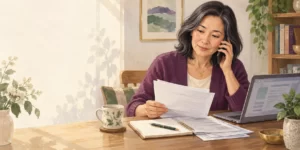 Original editorial illustration: A woman checks insurance information while speaking on the phone.