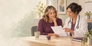 Original editorial illustration: A woman discusses a prescription plan with a clinician.