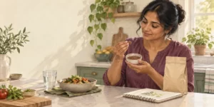Original editorial illustration: A woman reviews a bowl of edible garden-cress seeds in a home kitchen.
