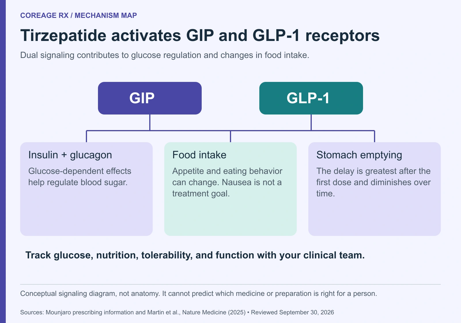 Tirzepatide activates GIP and GLP-1 receptors, contributing to glucose-dependent insulin and glucagon effects, changes in food intake, and delayed stomach emptying.