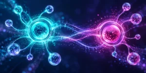 Original AI-generated editorial image: Abstract teal and magenta signaling nodes linked on a deep indigo background.